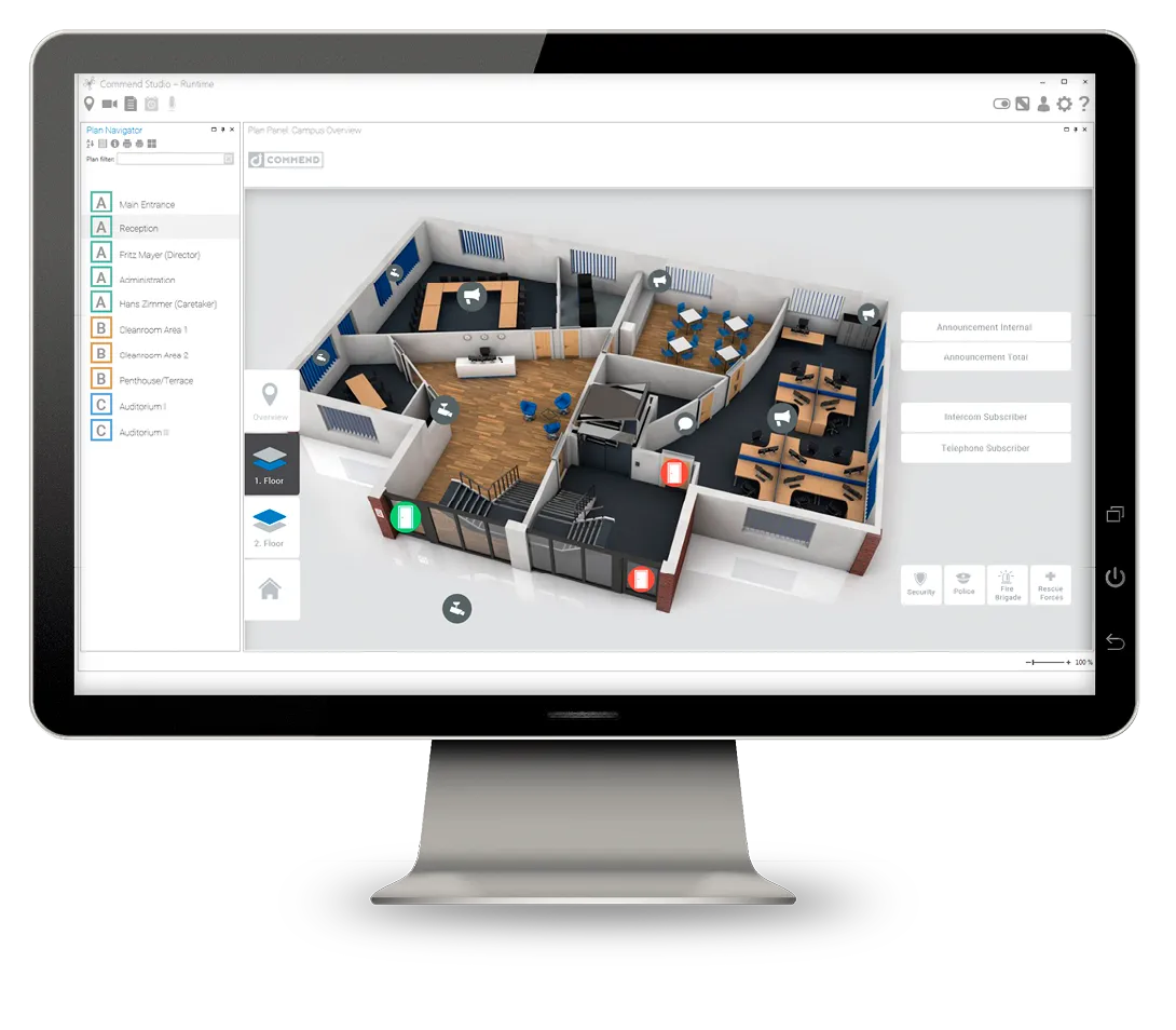 Bildschirm zeigt 3D-Gebäudeplan mit visualisierten Sprechstellen und Steuerungsoptionen für eine Kommunikations- und Sicherheitslösung.