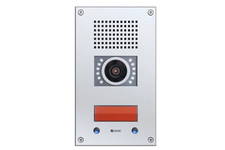 Two silver Commend communication systems: an audio call station and a video entry panel with a camera.