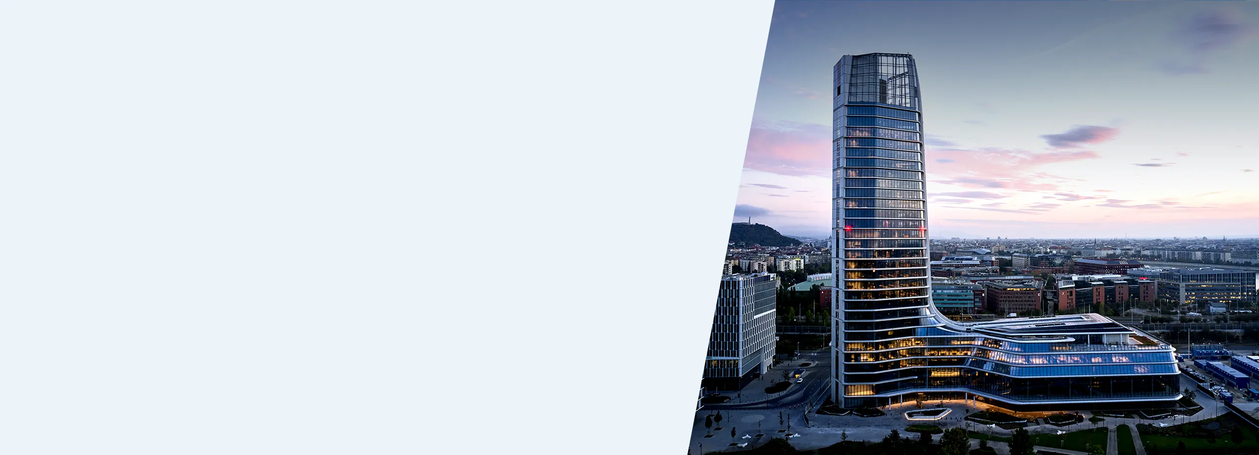 OL Campus high-rise office building and surrounding business district in Budapest