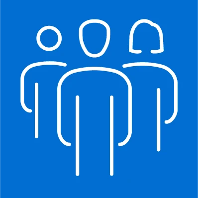 White outline icon of three people on a blue background, representing a group.