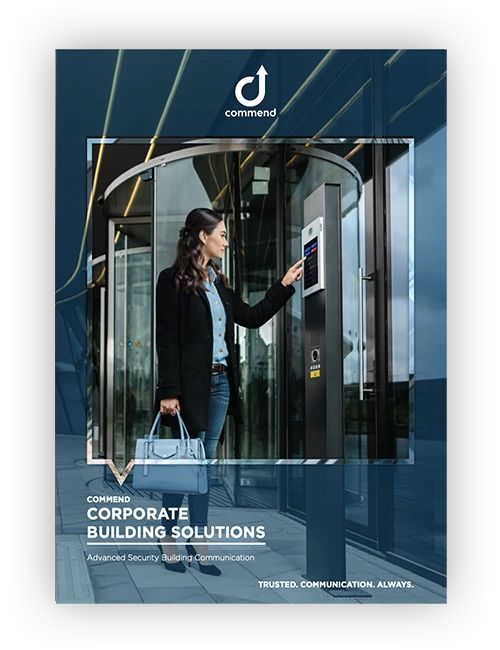 Commend Corporate Intercom Solution Woman interacting with a Commend intercom at a corporate building.