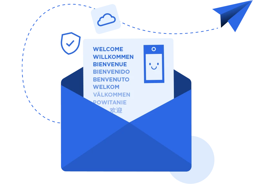 Blauer Umschlag mit mehrsprachiger Willkommensnachricht, Mobile-Icon, Sicherheitsschild, Cloud & Papierflugzeug.
