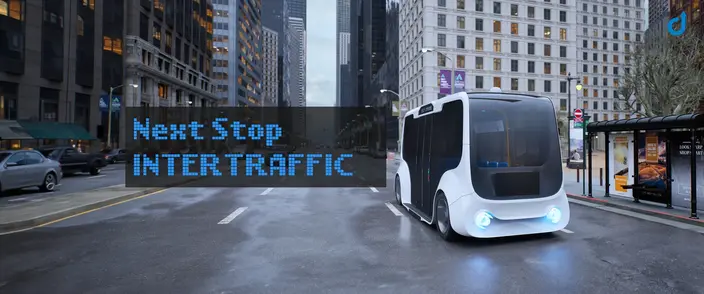 Future Urban Mobility at Intertraffic Futuristic driverless shuttle in a city street, 'Next Stop INTERTRAFFIC' text.
