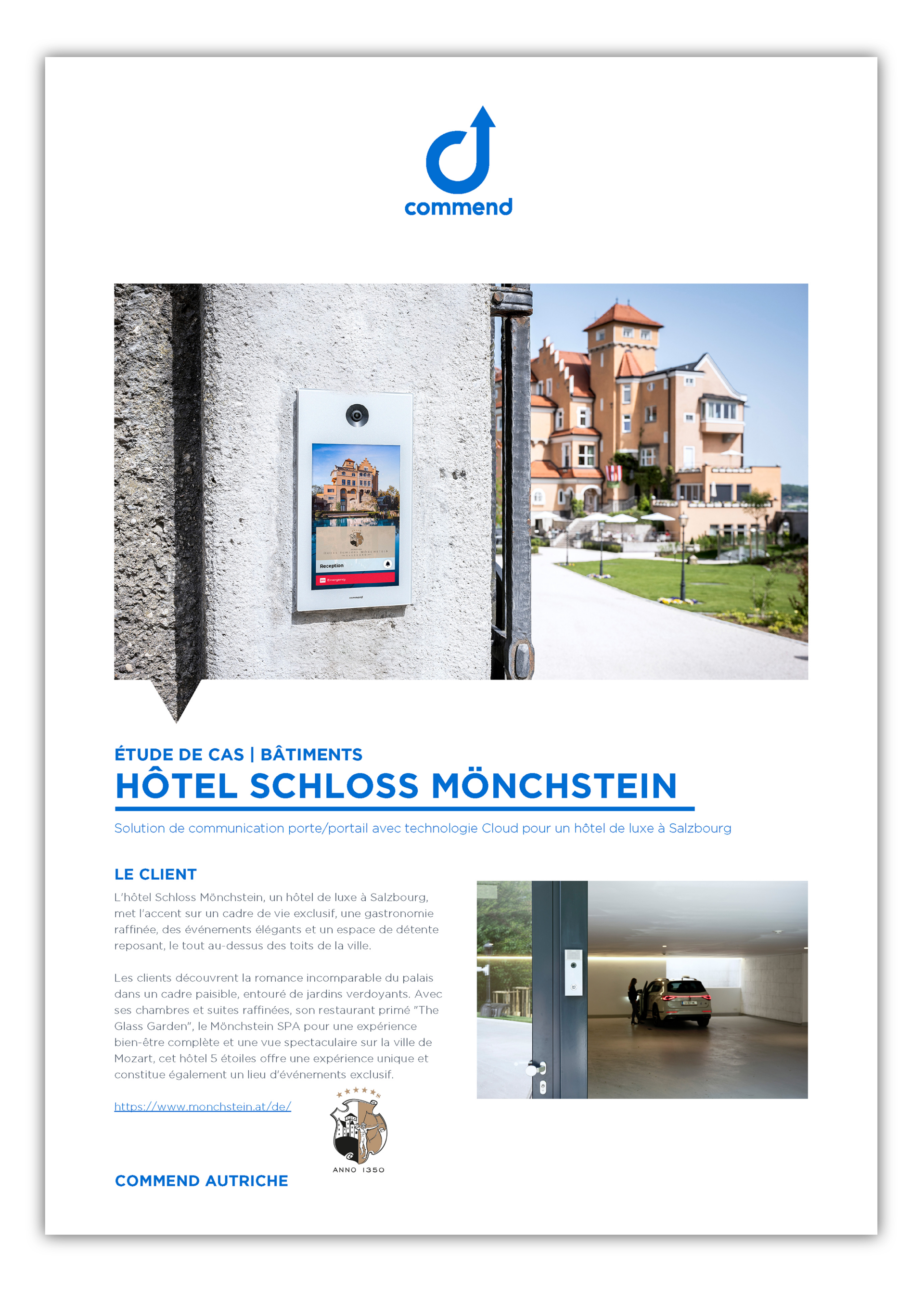 Commend intercom at Schloss Mönchstein Hotel entrance with grand building in background.