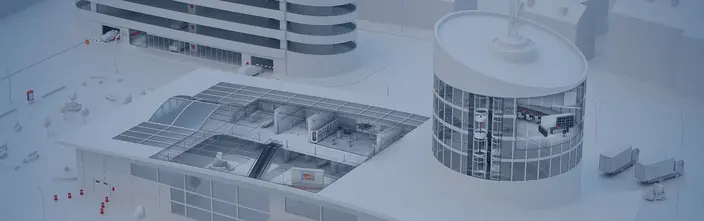 Urbane Sicherheits- & Sprechanlagen 3D-Modell einer Stadt mit Parkhaus, Einkaufsbereich und Kontrollturm mit Sprechstellen.