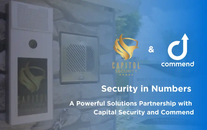 Two outdoor intercom units from Capitol Security and Commend on a stone wall, showcasing their security solutions.