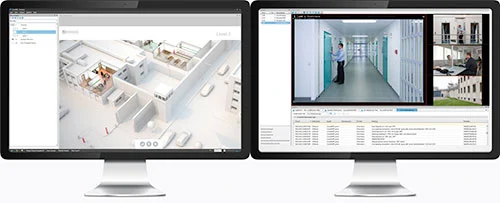 Integrated Security & Intercom Solution Dual screens show an integrated security system with facility maps, live video from interphones, and event logs.