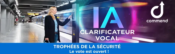 Commend: IA Voice Clarity for Public Transport Woman using a Commend intercom at a subway station, with 'IA Vocal Clarifier' graphic.