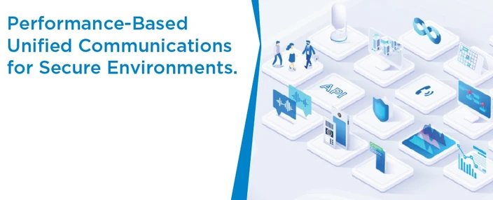 Performance-Based Unified Communications Abstract illustration of unified communications and security icons on platforms with text.