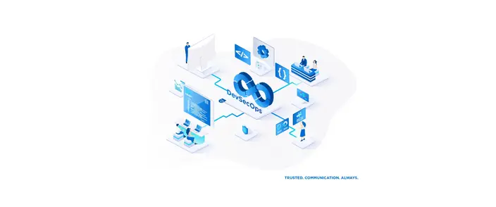 DevSecOps process illustration with people and icons for coding, security, and operations.