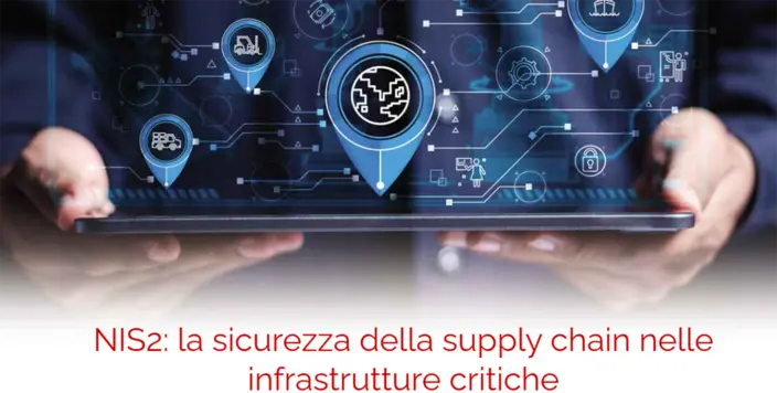 NIS2: Critical Supply Chain Security Person holding tablet showing digital network of supply chain security icons (truck, globe, lock) and NIS2 text.