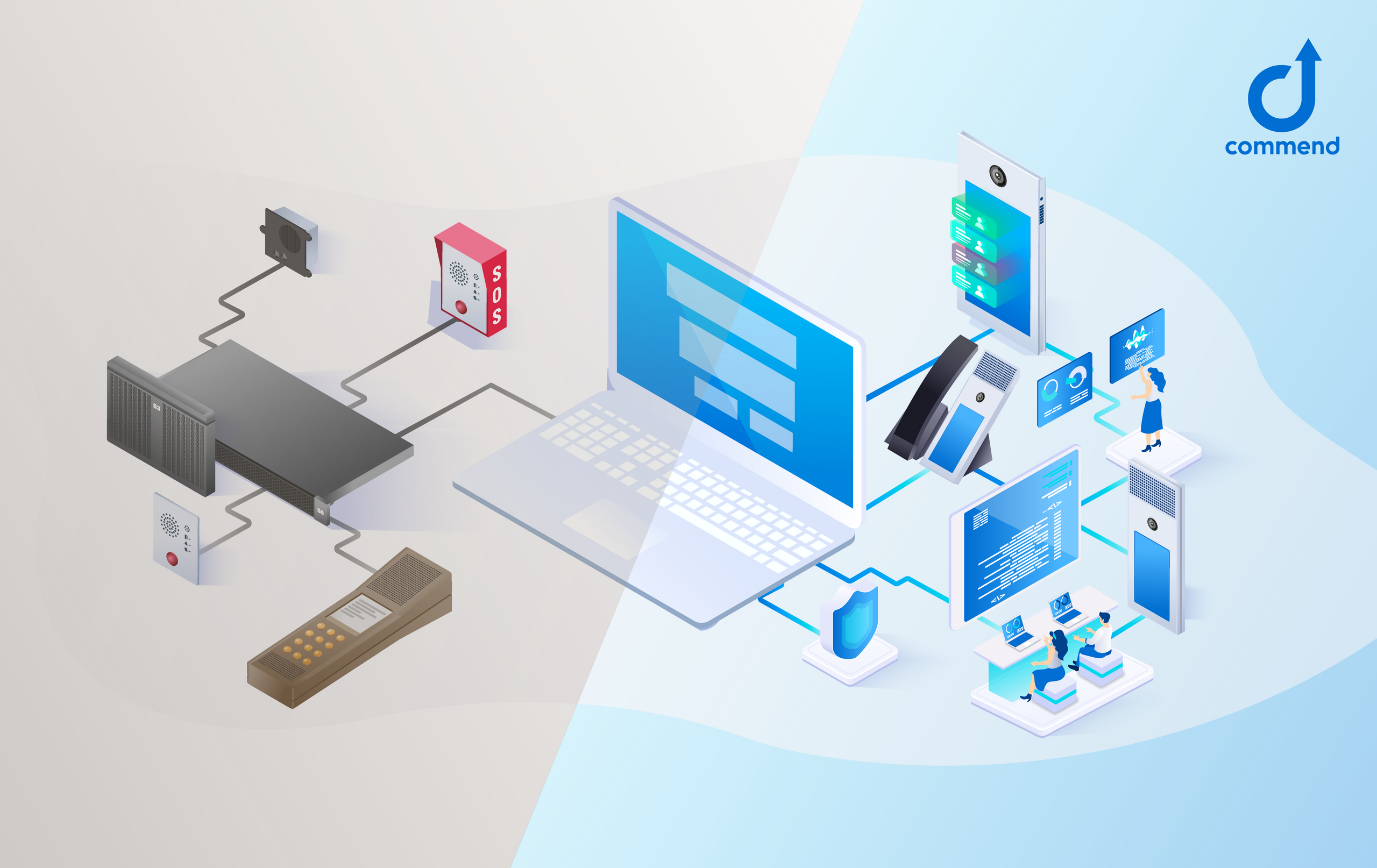 Integrated Intercom & Communication System Illustration of an integrated communication system with intercoms, emergency call stations, a server, laptops, and mobile devices.