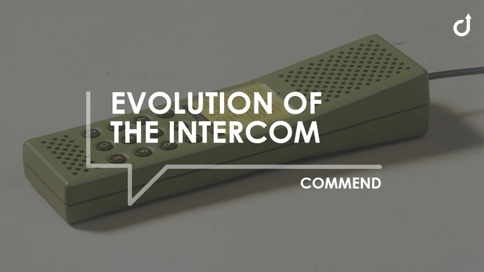 Vintage olive-green intercom with buttons and speaker grille, text "Evolution of the Intercom".