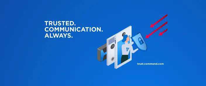 An illustration of a secure intercom unit with a person on its screen holding a shield, deflecting red arrows.