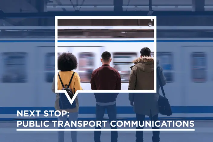 Public Transport Communication Systems People on subway platform watch moving train. Text overlay: "NEXT STOP: PUBLIC TRANSPORT COMMUNICATIONS".