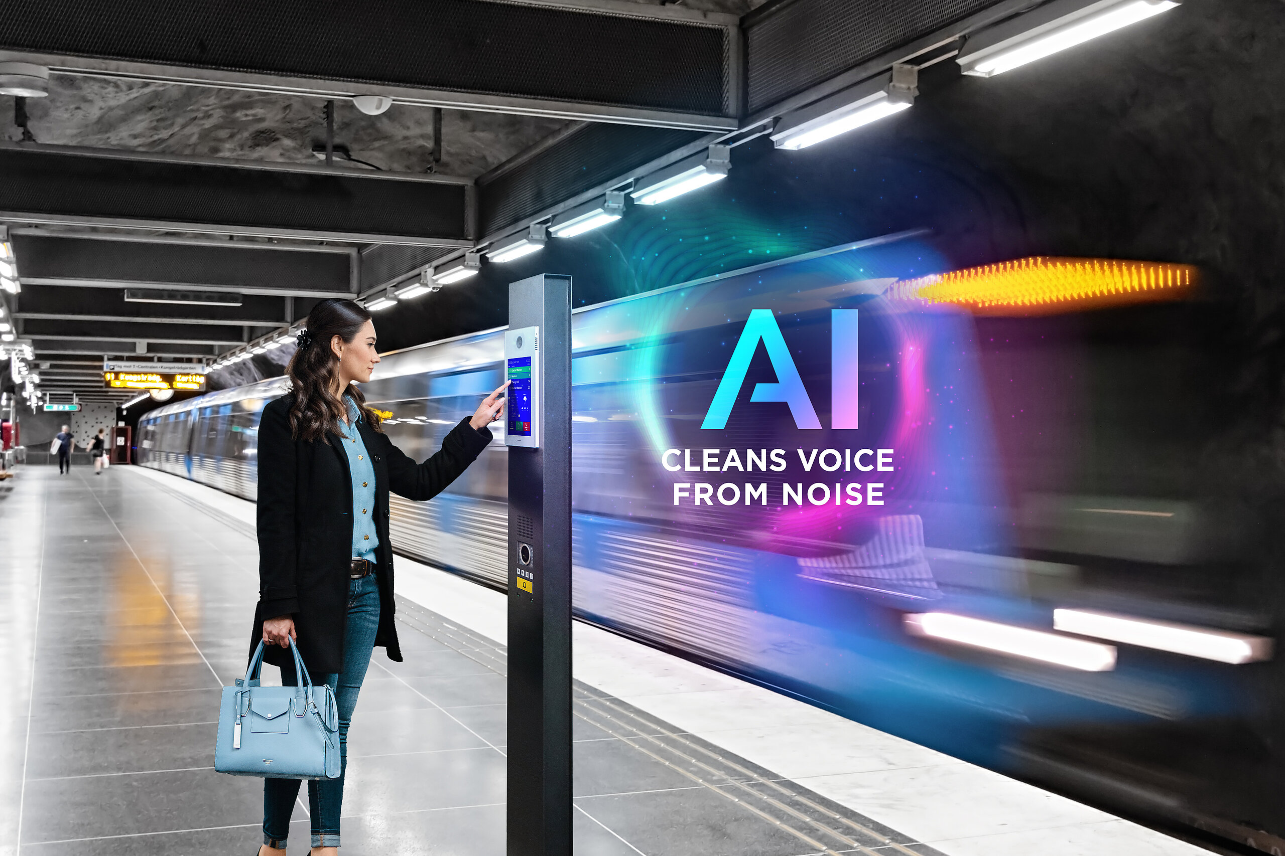 Woman uses digital communication system on subway platform. Train blurs past, 'AI CLEANS VOICE FROM NOISE' graphic displayed.