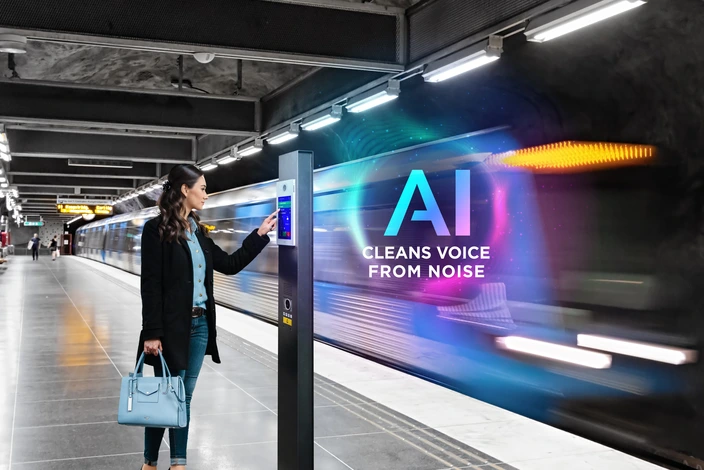 KI für klare Kommunikation im Nahverkehr Frau interagiert mit digitaler Sprechanlage auf U-Bahnsteig. Schnellfahrender Zug und 'KI reinigt Stimme von Lärm' Grafik.