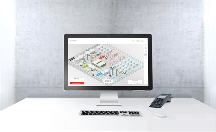 Monitor showing intercom system map for an oil refinery with controls for communication and emergency response.