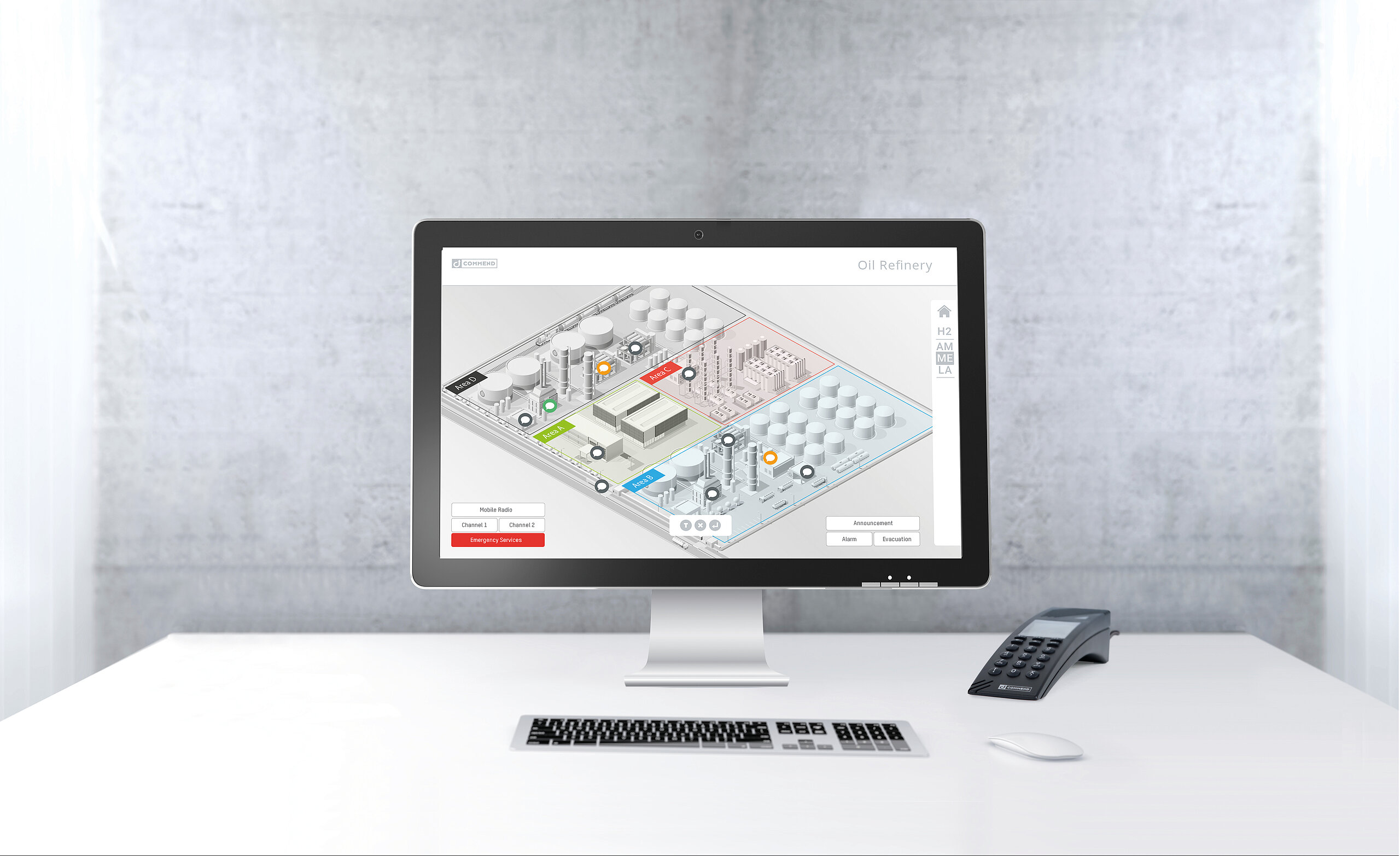 Monitor showing intercom system map for an oil refinery with controls for communication and emergency response.