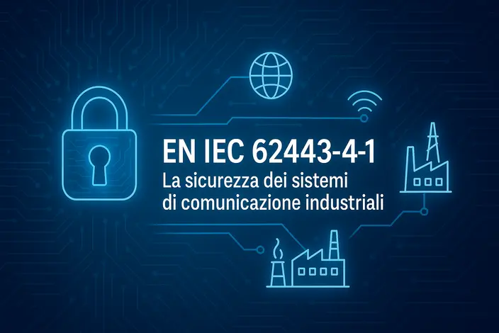 Blue digital graphic with padlock, globe, Wi-Fi, factories, and text "EN IEC 62443-4-1 Industrial Communication Security".