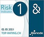 Bisnode Risk Indicator 1 rating logo from May 2, 2021, showing a '1' in a circle and Bisnode branding.