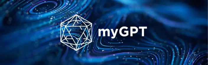 myGPT: AI Innovation & Digital Future myGPT logo, geometric shape, blue background with data lines and light effects.