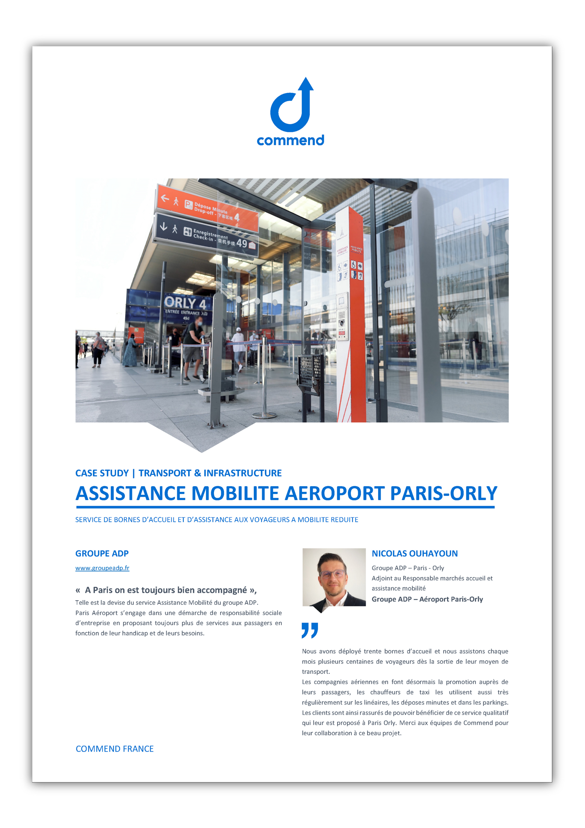Commend intercom post at Paris-Orly airport terminal entrance for mobile assistance.