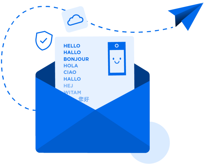 Abstrakte Grafik in Blau und Hellblau. Ein Umschlag öffnet sich, zeigt Symbole für Cloud, Sicherheit, ein lächelndes Smartphone und mehrsprachige 'Hallo'-Grüße.