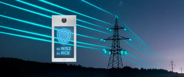 A modern intercom panel with EU NIS2 and EU RCE shield, set against glowing power lines and towers at night.