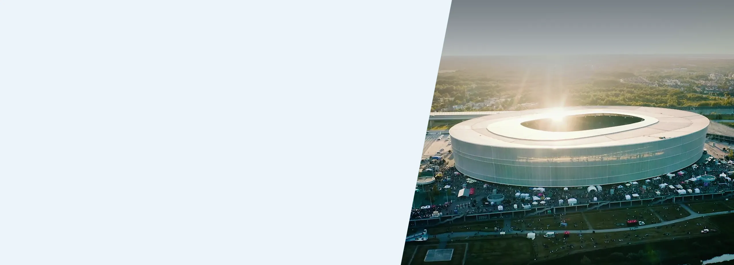 Modern stadium exterior with public address communication systems