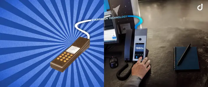 Intercom: Evergreen Tech Evolution Split image: A vintage 1980s intercom on left, modern digital intercom on desk on right, linked by 'Evergreen Technology'.