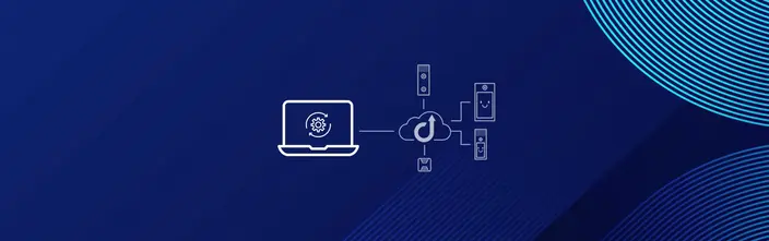 Cloud Intercom System Management Diagram showing a laptop managing a cloud-based system connected to intercoms and other devices.