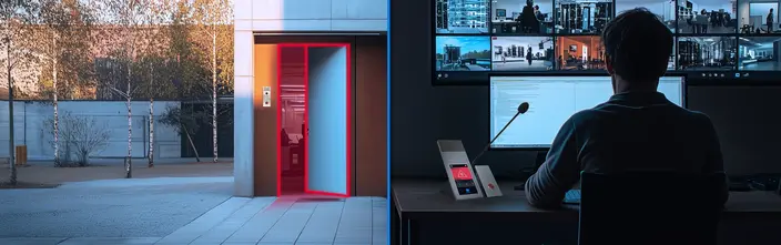 Security Monitoring & Intercom Alert Security operator monitors surveillance and intercom alert from a building entrance with an open, red-lit door.