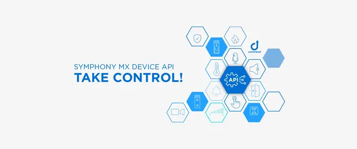 SYMPHONY MX Device API: Steuern Sie! Hexagonales Diagramm zeigt die SYMPHONY MX Device API, die verschiedene Sicherheits- und Kommunikationsgeräte, einschließlich Sprechanlagen, verbindet.