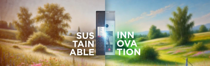 Nachhaltige Innovation für Sprechanlagen Eine geteilte Sprechanlage mit 'NACHHALTIG' links, 'INNOVATION' rechts, vor Naturlandschaft.