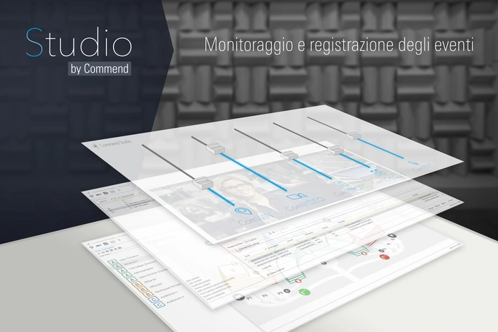 Commend Studio software interface for intercom and video management, showing event logs and a map.