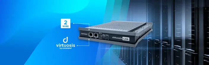 Virtuosis Link 2-wire intercom device by Commend on blue and server rack background.