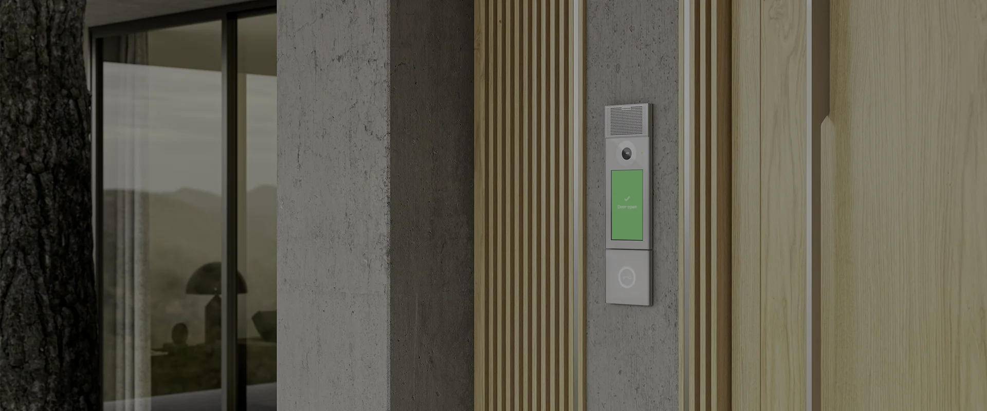 A modern intercom on a concrete wall with wood paneling, displaying "Door open" message.