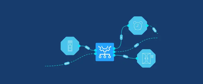Logik für Sprechanlagen-Steuerung Logikdiagramm für ein Sprechanlagen- und Sicherheitssystem, das Sprechstelle, Uhr und Türzugang verbindet.