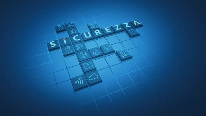 Integrated Security: The SICUREZZA Puzzle 3D crossword with 'SICUREZZA' and security icons: CCTV, access control, alarm, data, network, communication.